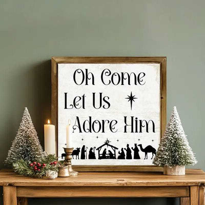 Christianartworkshop Classic Style Oh Come Let Us Adore Him Nativity Scene Wooden Sign Ornaments