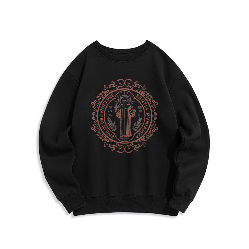 Christianartworkshop Classic Style Floral St. Benedict Embelm Fleece Lined Polyester Sweatshirt