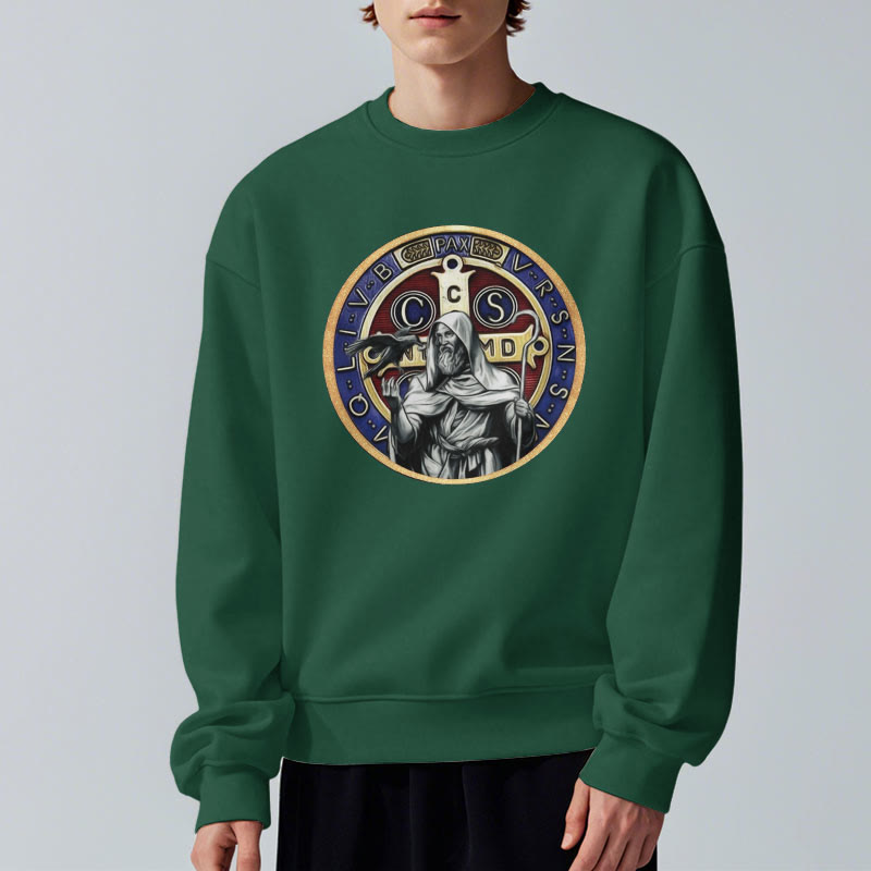 Christianartworkshop Classic Colored Style St. Benedict Figure Emblem Fleece Lined Polyester Sweatshirt