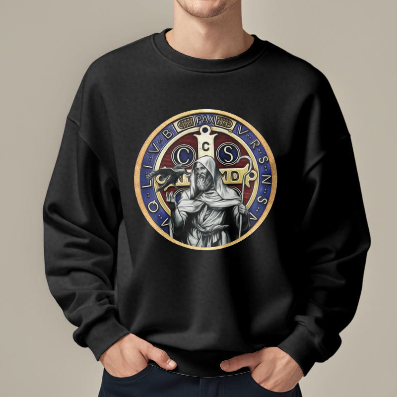 Christianartworkshop Classic Colored Style St. Benedict Figure Emblem Fleece Lined Polyester Sweatshirt