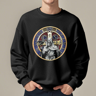 Christianartworkshop Classic Colored Style St. Benedict Figure Emblem Fleece Lined Polyester Sweatshirt