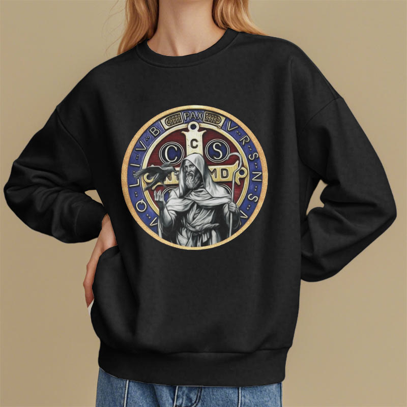 Christianartworkshop Classic Colored Style St. Benedict Figure Emblem Fleece Lined Polyester Sweatshirt