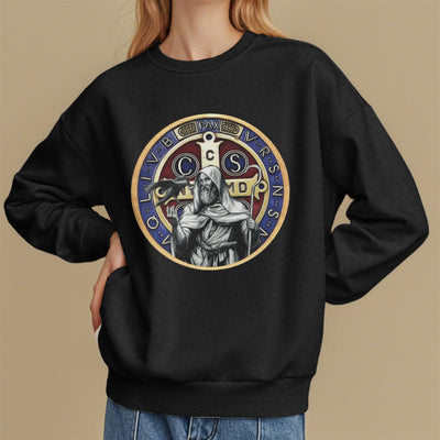 Christianartworkshop Classic Colored Style St. Benedict Figure Emblem Fleece Lined Polyester Sweatshirt