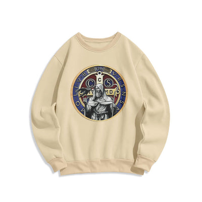 Christianartworkshop Classic Colored Style St. Benedict Figure Emblem Fleece Lined Polyester Sweatshirt