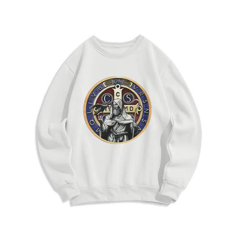 Christianartworkshop Classic Colored Style St. Benedict Figure Emblem Fleece Lined Polyester Sweatshirt