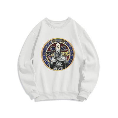 Christianartworkshop Classic Colored Style St. Benedict Figure Emblem Fleece Lined Polyester Sweatshirt