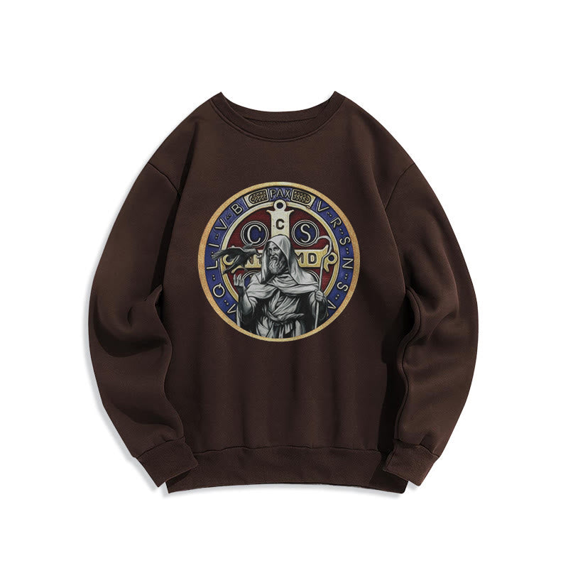 Christianartworkshop Classic Colored Style St. Benedict Figure Emblem Fleece Lined Polyester Sweatshirt