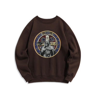 Christianartworkshop Classic Colored Style St. Benedict Figure Emblem Fleece Lined Polyester Sweatshirt