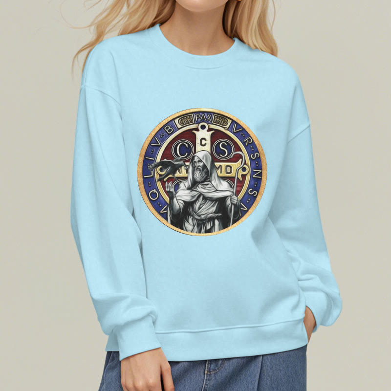 Christianartworkshop Classic Colored Style St. Benedict Figure Emblem Fleece Lined Polyester Sweatshirt