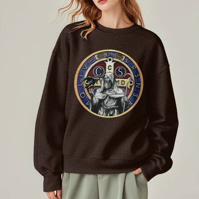 Christianartworkshop Classic Colored Style St. Benedict Figure Emblem Fleece Lined Polyester Sweatshirt