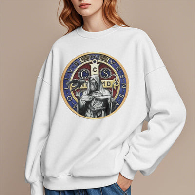 Christianartworkshop Classic Colored Style St. Benedict Figure Emblem Fleece Lined Polyester Sweatshirt