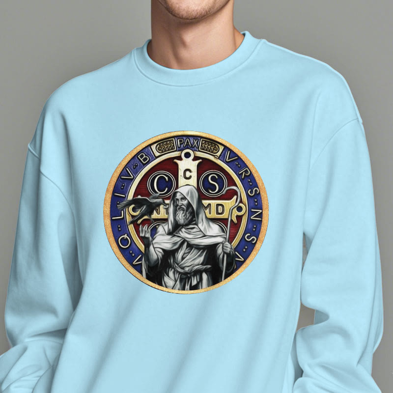 Christianartworkshop Classic Colored Style St. Benedict Figure Emblem Fleece Lined Polyester Sweatshirt