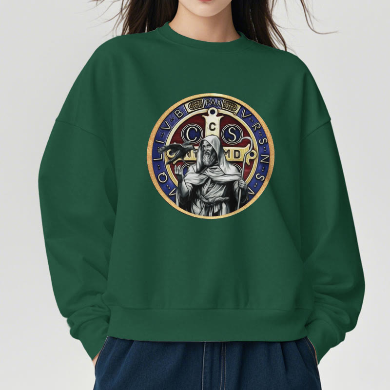 Christianartworkshop Classic Colored Style St. Benedict Figure Emblem Fleece Lined Polyester Sweatshirt