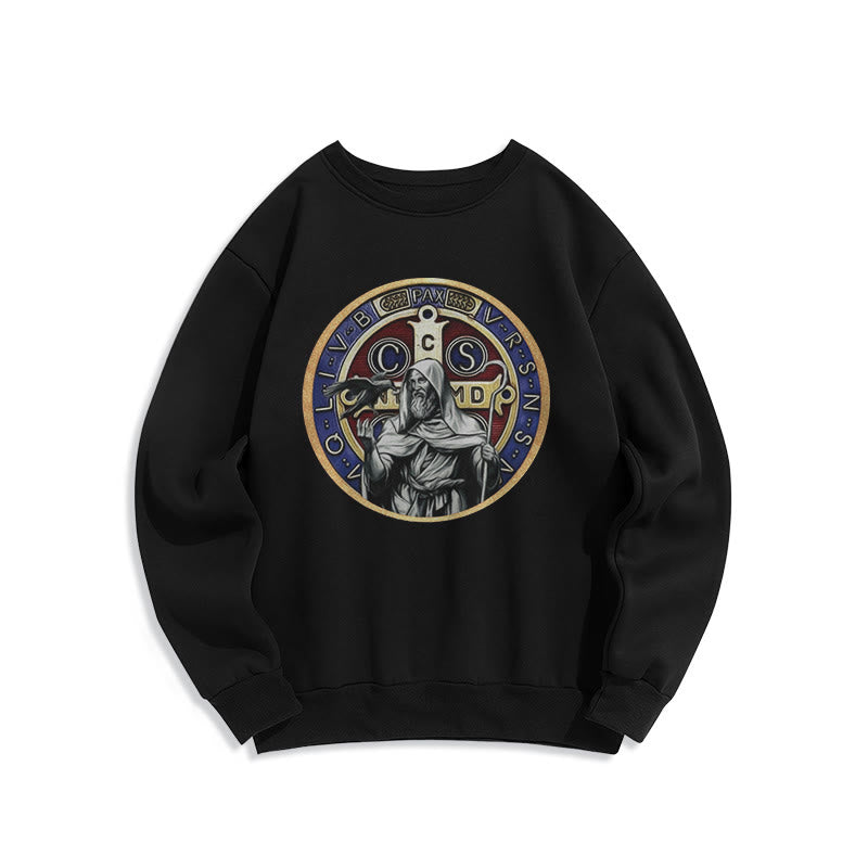 Christianartworkshop Classic Colored Style St. Benedict Figure Emblem Fleece Lined Polyester Sweatshirt