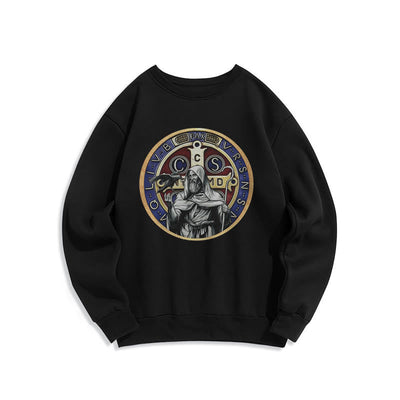 Christianartworkshop Classic Colored Style St. Benedict Figure Emblem Fleece Lined Polyester Sweatshirt