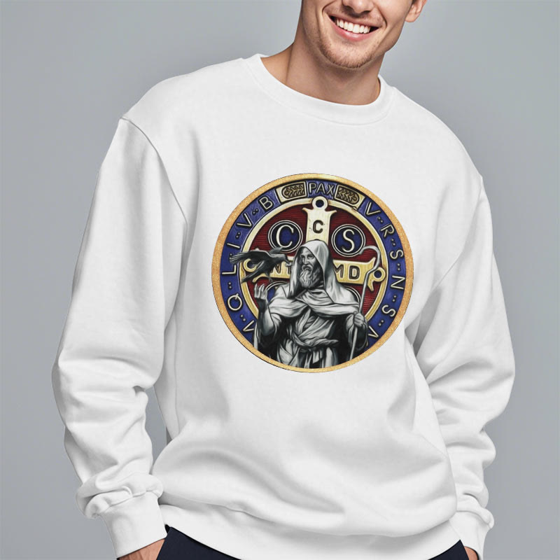 Christianartworkshop Classic Colored Style St. Benedict Figure Emblem Fleece Lined Polyester Sweatshirt