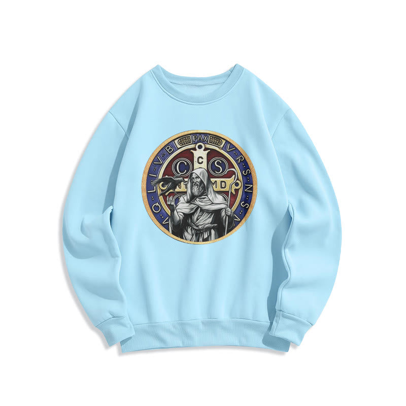 Christianartworkshop Classic Colored Style St. Benedict Figure Emblem Fleece Lined Polyester Sweatshirt