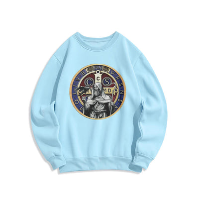 Christianartworkshop Classic Colored Style St. Benedict Figure Emblem Fleece Lined Polyester Sweatshirt