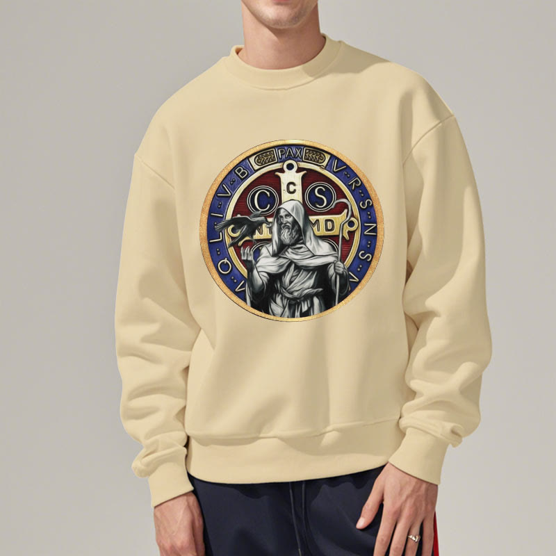 Christianartworkshop Classic Colored Style St. Benedict Figure Emblem Fleece Lined Polyester Sweatshirt