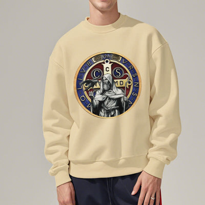 Christianartworkshop Classic Colored Style St. Benedict Figure Emblem Fleece Lined Polyester Sweatshirt