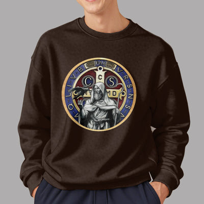 Christianartworkshop Classic Colored Style St. Benedict Figure Emblem Fleece Lined Polyester Sweatshirt