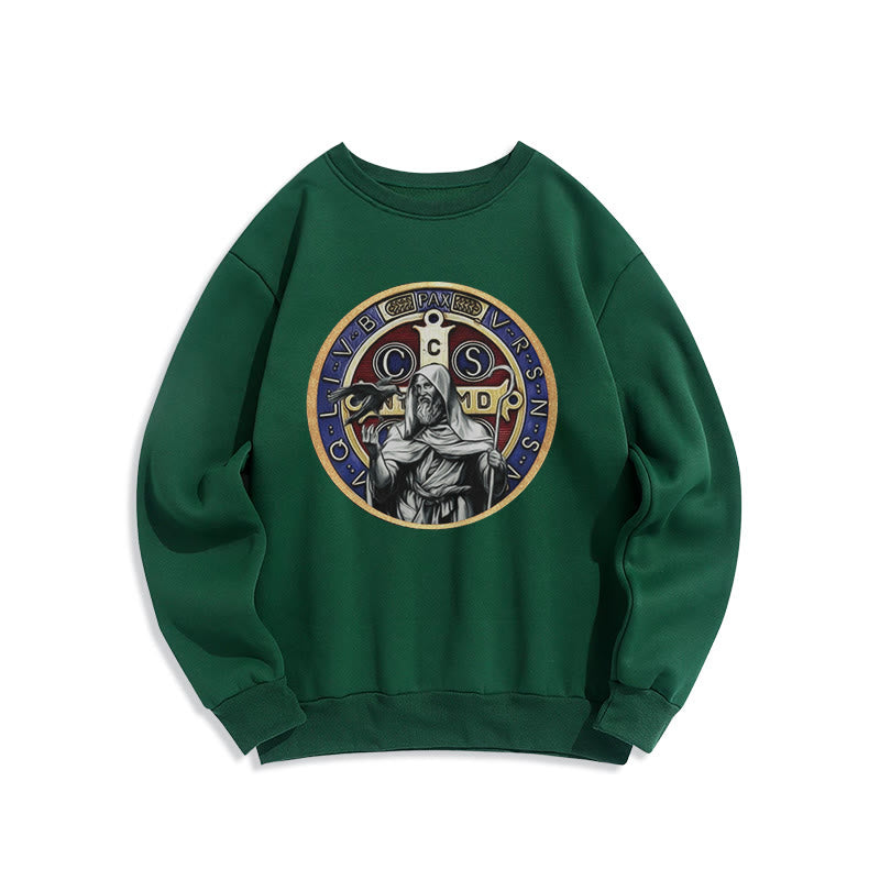 Christianartworkshop Classic Colored Style St. Benedict Figure Emblem Fleece Lined Polyester Sweatshirt
