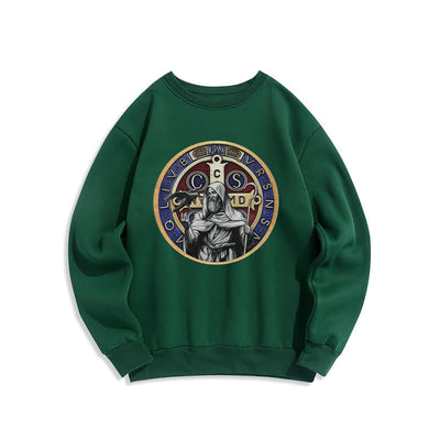 Christianartworkshop Classic Colored Style St. Benedict Figure Emblem Fleece Lined Polyester Sweatshirt