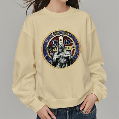 Christianartworkshop Classic Colored Style St. Benedict Figure Emblem Fleece Lined Polyester Sweatshirt