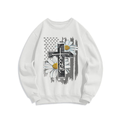 Christianartworkshop Modern Style Faith Cross and Daisies Fleece Lined Polyester Sweatshirt