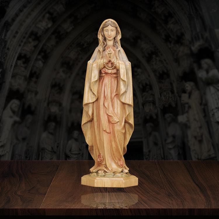 Christianartworkshop Classic Style Crafted Virgin Mary Holding Rosary Wooden Desktop Decorations Ornament