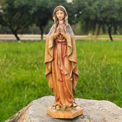 Christianartworkshop Classic Style Crafted Virgin Mary Holding Rosary Wooden Desktop Decorations Ornament
