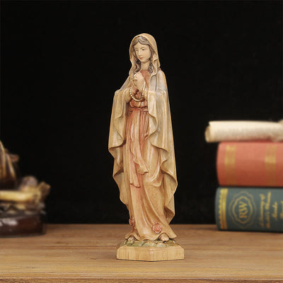 Christianartworkshop Classic Style Crafted Virgin Mary Holding Rosary Wooden Desktop Decorations Ornament