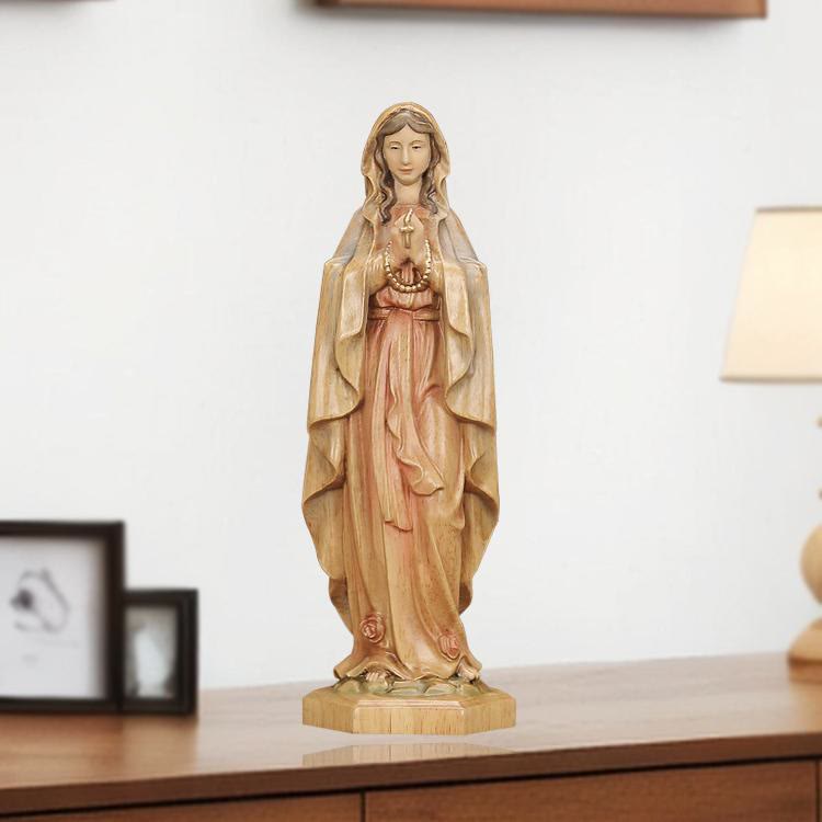 Christianartworkshop Classic Style Crafted Virgin Mary Holding Rosary Wooden Desktop Decorations Ornament