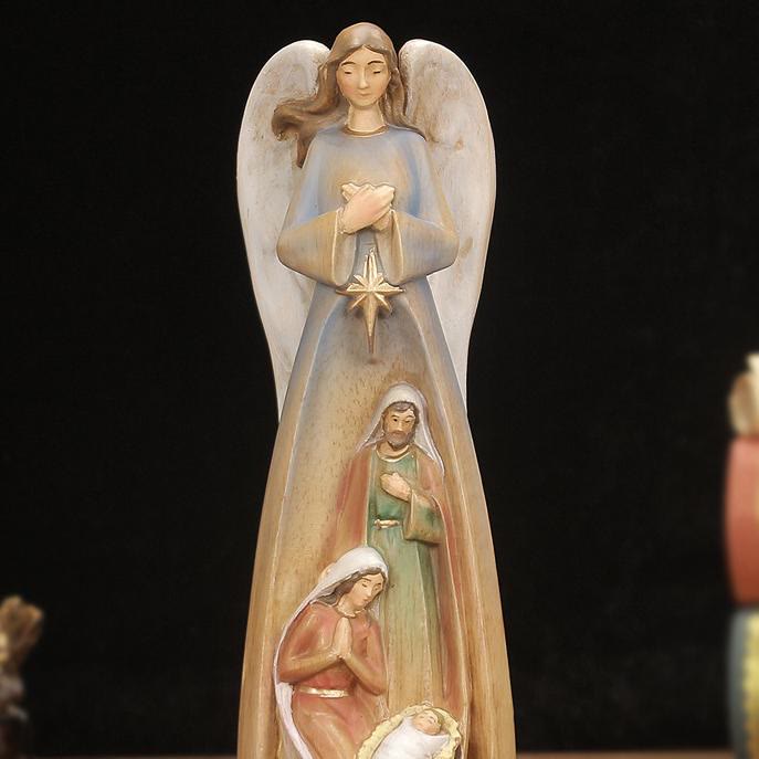 Christianartworkshop Classic Style Crafted Nativity Scene Angel Statue Wooden Desktop Decorations Ornament