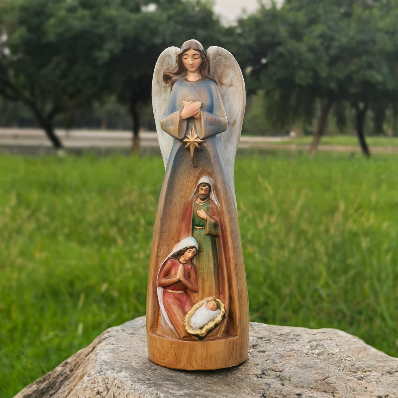Christianartworkshop Classic Style Crafted Nativity Scene Angel Statue Wooden Desktop Decorations Ornament