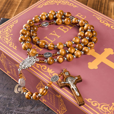 Christianartworkshop Miraculous Medal & Crucifix of 8 mm Round Brown Wood Nylon Cord Rosary