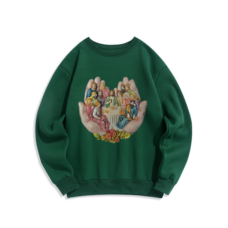 Christianartworkshop Modern Colored Style Last Supper in God's Hands Fleece Lined Polyester Sweatshirt