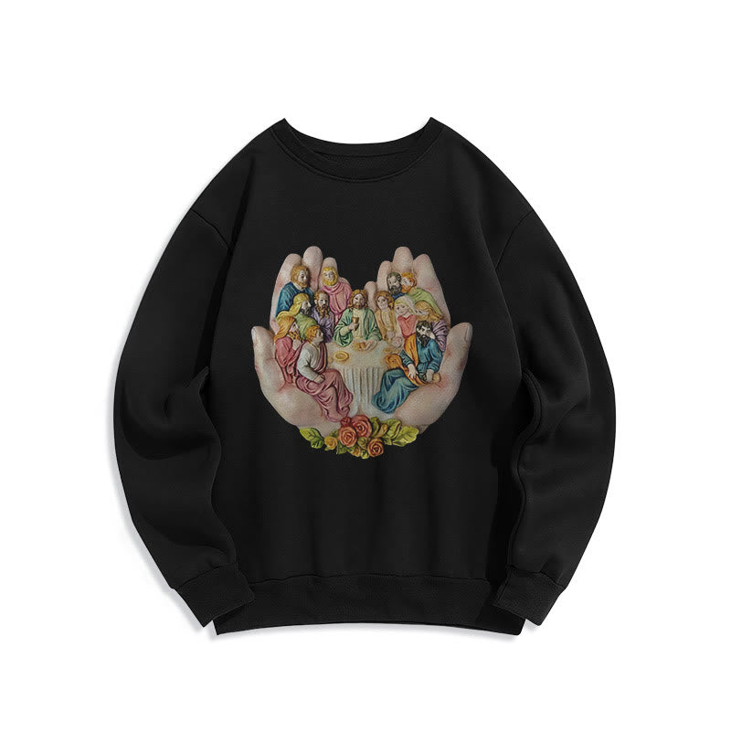 Christianartworkshop Modern Colored Style Last Supper in God's Hands Fleece Lined Polyester Sweatshirt
