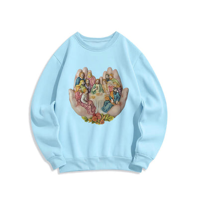 Christianartworkshop Modern Colored Style Last Supper in God's Hands Fleece Lined Polyester Sweatshirt
