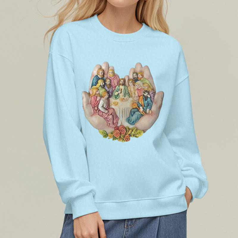 Christianartworkshop Modern Colored Style Last Supper in God's Hands Fleece Lined Polyester Sweatshirt