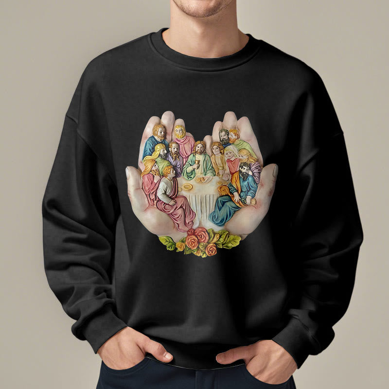 Christianartworkshop Modern Colored Style Last Supper in God's Hands Fleece Lined Polyester Sweatshirt