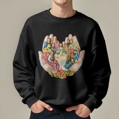 Christianartworkshop Modern Colored Style Last Supper in God's Hands Fleece Lined Polyester Sweatshirt