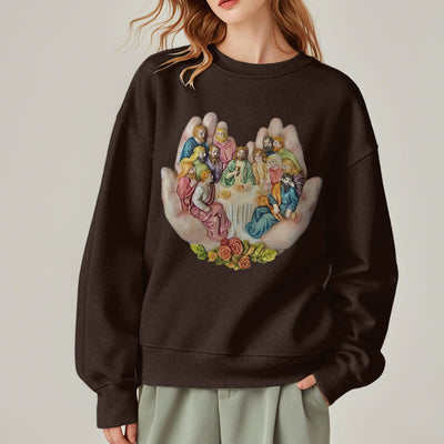 Christianartworkshop Modern Colored Style Last Supper in God's Hands Fleece Lined Polyester Sweatshirt