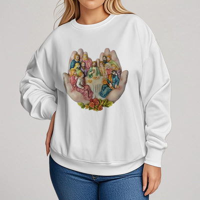 Christianartworkshop Modern Colored Style Last Supper in God's Hands Fleece Lined Polyester Sweatshirt