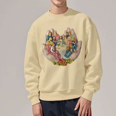 Christianartworkshop Modern Colored Style Last Supper in God's Hands Fleece Lined Polyester Sweatshirt