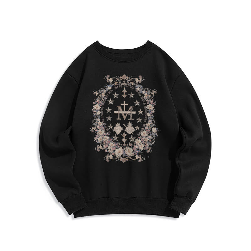 Christianartworkshop Modern Style Floral Cross Virgin Mary Fleece Lined Polyester Sweatshirt