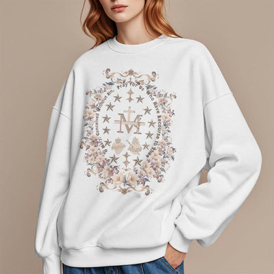 Christianartworkshop Modern Style Floral Cross Virgin Mary Fleece Lined Polyester Sweatshirt
