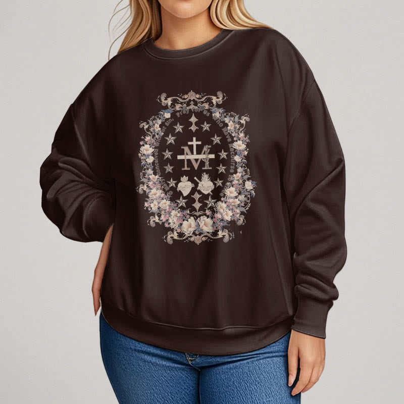 Christianartworkshop Modern Style Floral Cross Virgin Mary Fleece Lined Polyester Sweatshirt