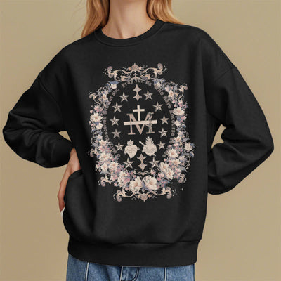 Christianartworkshop Modern Style Floral Cross Virgin Mary Fleece Lined Polyester Sweatshirt