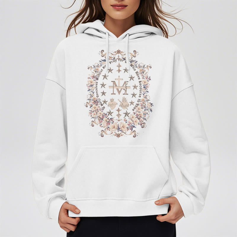 Christianartworkshop Modern Style Floral Cross Virgin Mary Fleece Lined Polyester Hoodie